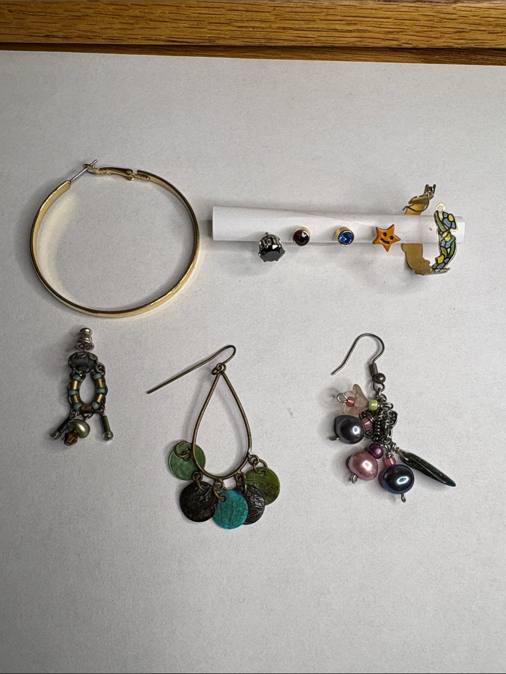9 Single Earrings - Garnet, Sapphire, Smiling Star, gold tone hoop, 5 others
